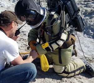 An early Mars surface EVA training suit being tested in Oregon’s Alvord Desert (2019) by Cameron Smith