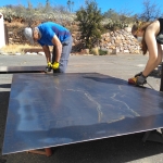 John and Luna prep'ng the steel floor panels at SAM, Biosphere 2